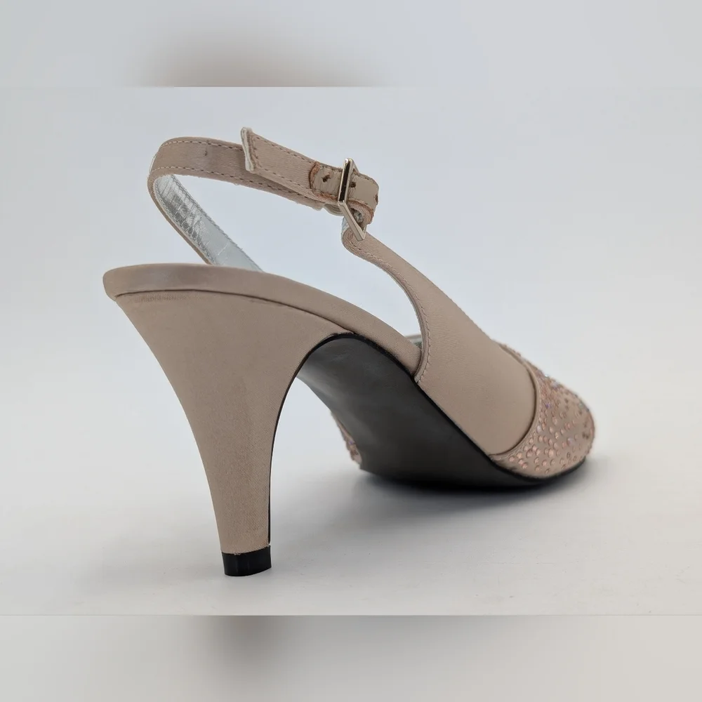 Like New David Tate Sz 10M Satin Champagne Designer Rhinestones Heels Slingback